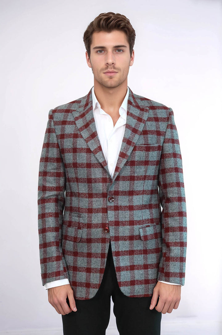 Blazer Hombre Cuadros Slim Fit Burdeos Solapa De Pico - Wessi