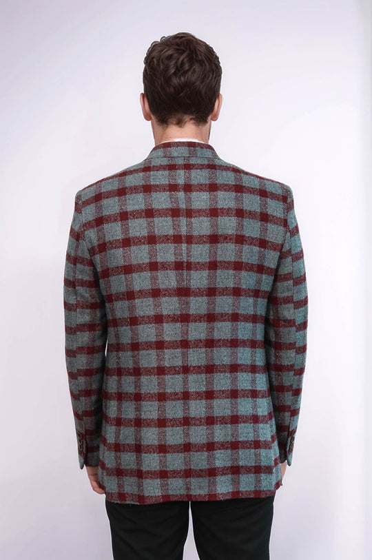 Checked Peak Lapel Slim-Fit Burgundy Men Blazer - Wessi