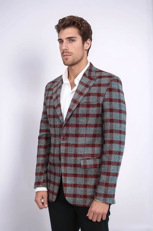 Checked Peak Lapel Slim-Fit Burgundy Men Blazer - Wessi