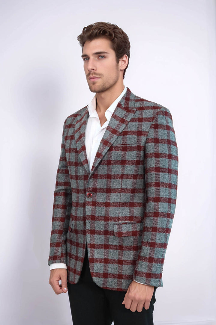 Blazer Hombre Cuadros Slim Fit Burdeos Solapa De Pico - Wessi