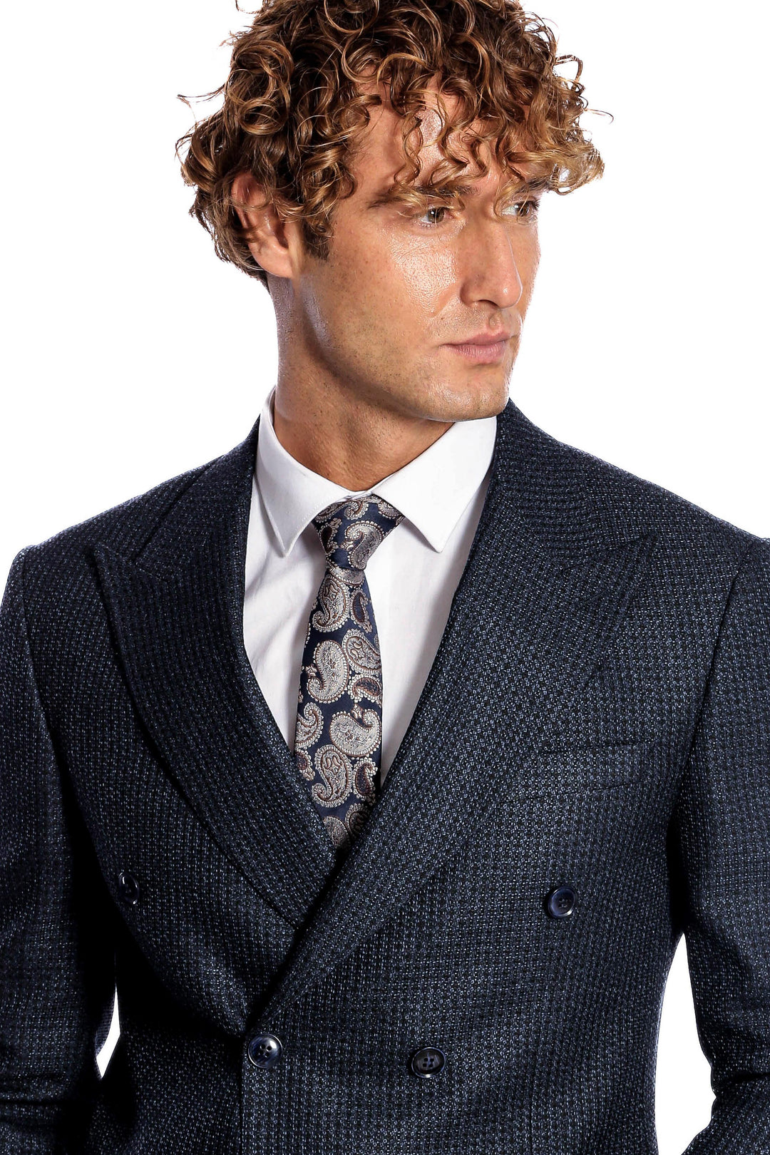 Houndstooth Patterned Navy Blue Men Double Breasted Blazer - Wessi