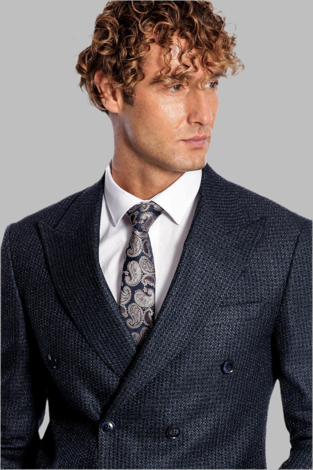 Houndstooth Patterned Navy Blue Men Double Breasted Blazer - Wessi