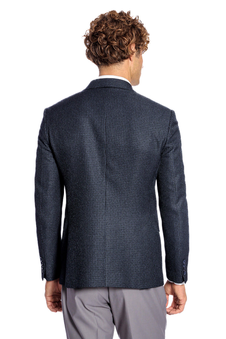 Houndstooth Patterned Navy Blue Men Double Breasted Blazer - Wessi