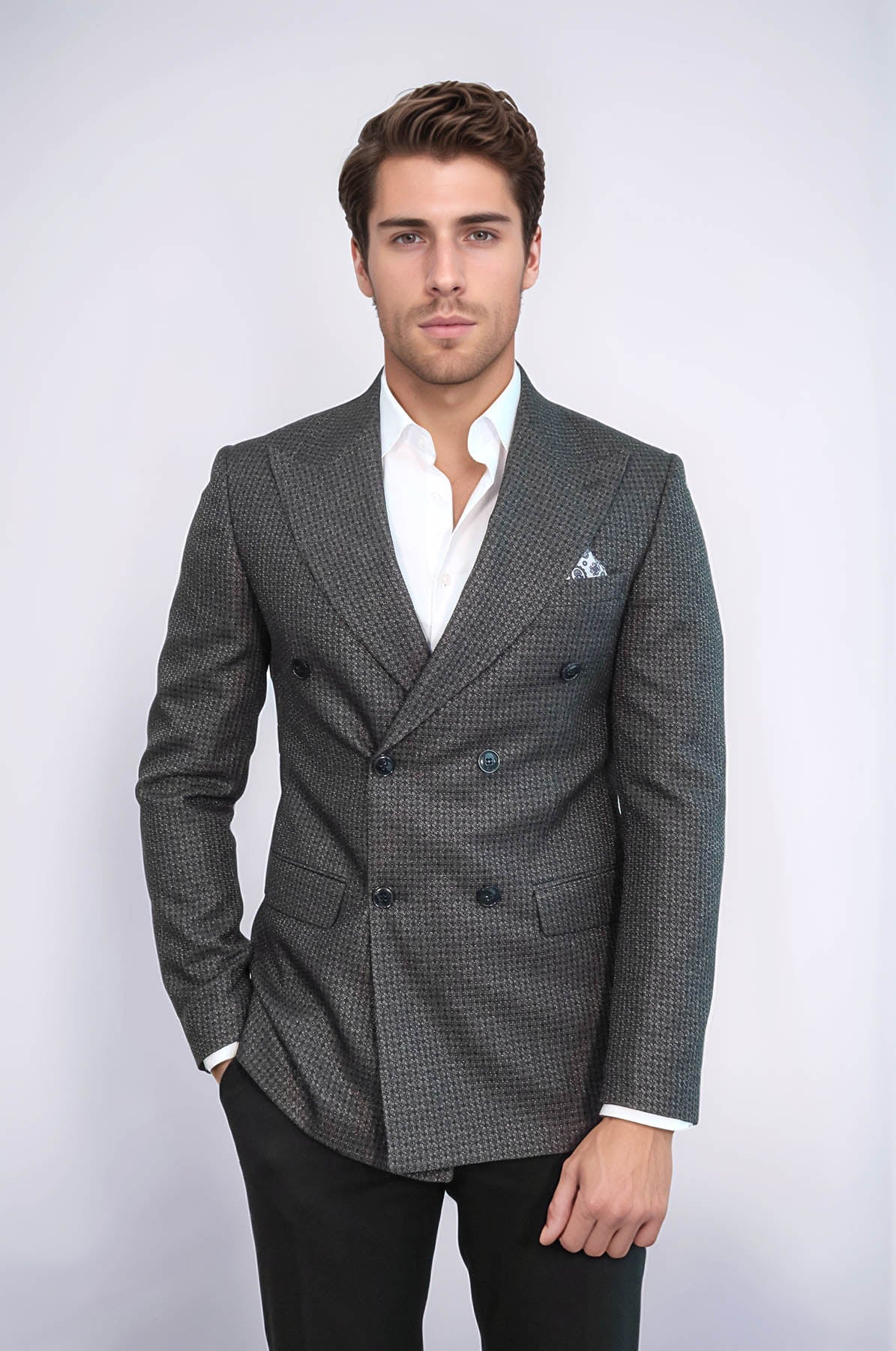 Houndstooth Patterned Grey Men Double Breasted Blazer - Wessi