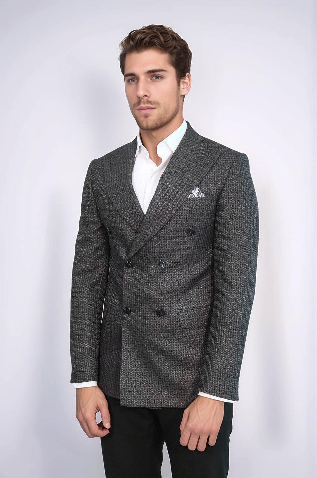 Houndstooth Patterned Grey Men Double Breasted Blazer - Wessi