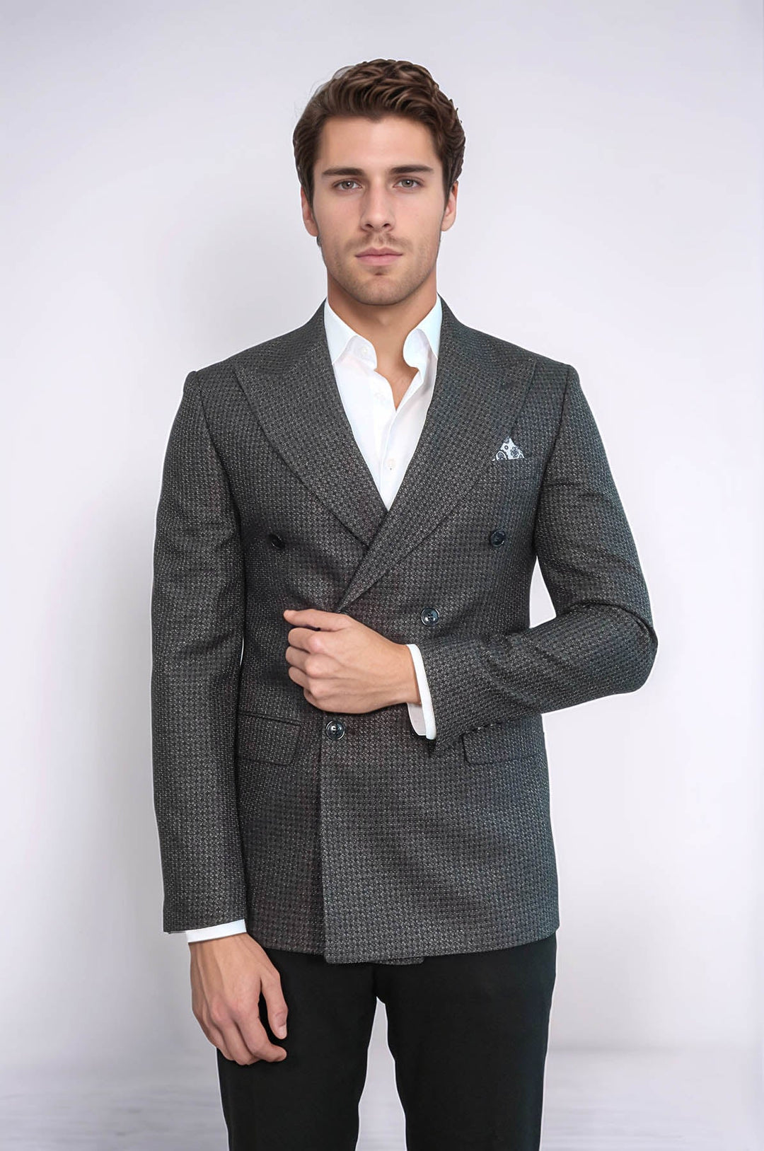 Houndstooth Patterned Grey Men Double Breasted Blazer - Wessi