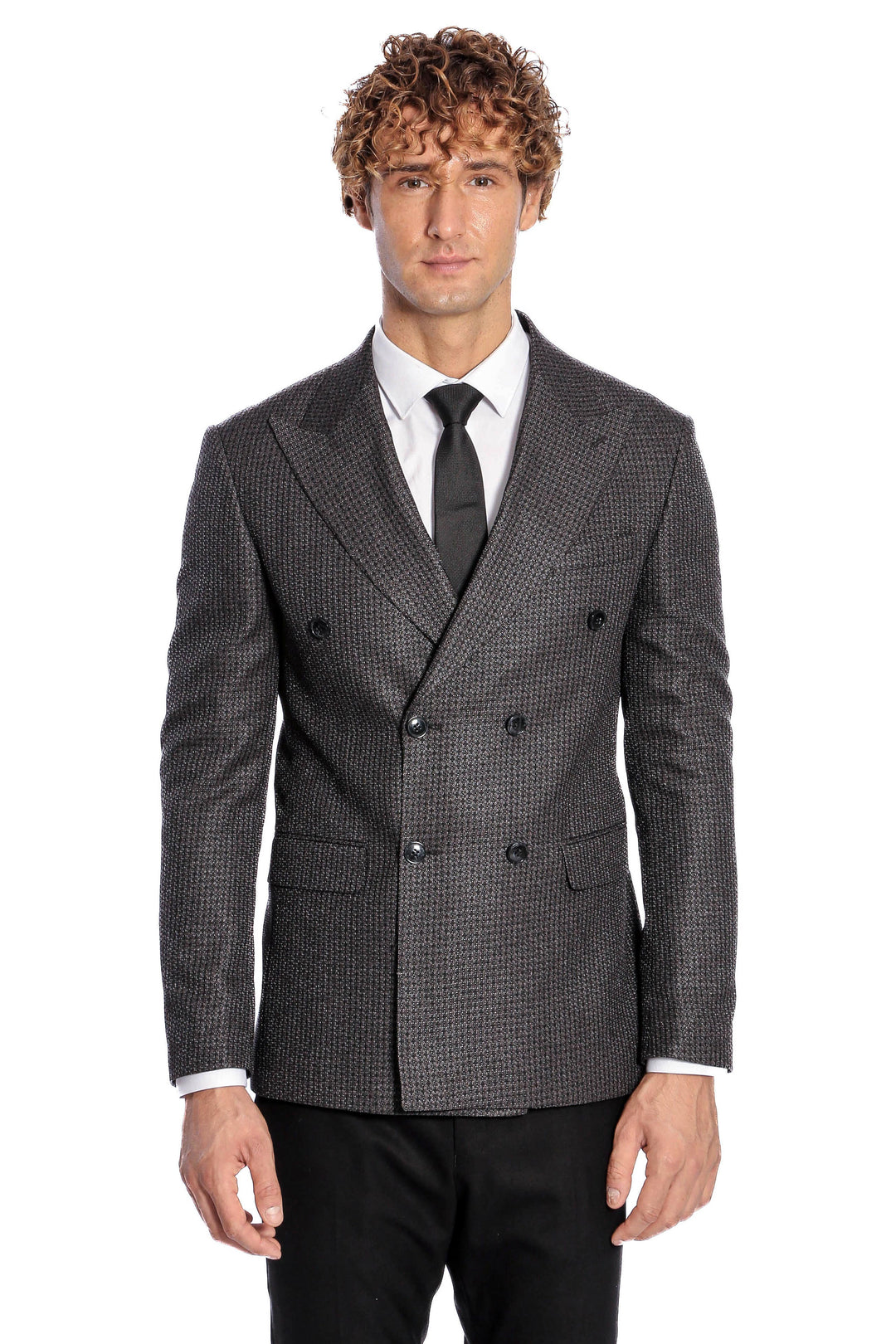 Houndstooth Patterned Grey Men Double Breasted Blazer - Wessi