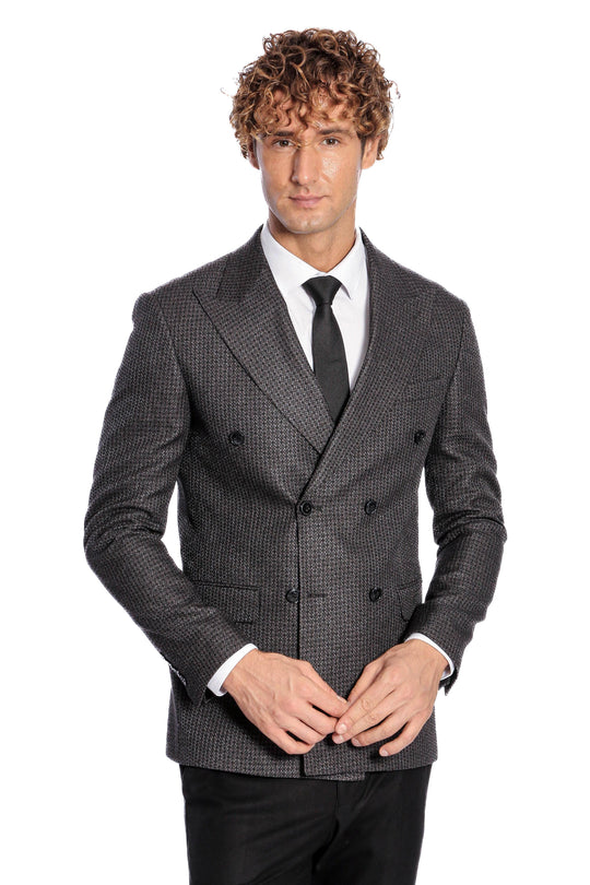 Gray Double-Breasted Jacket, Black Turtleneck Knitwear, and Gray Trousers Look - Wessi Winter Elegance Style