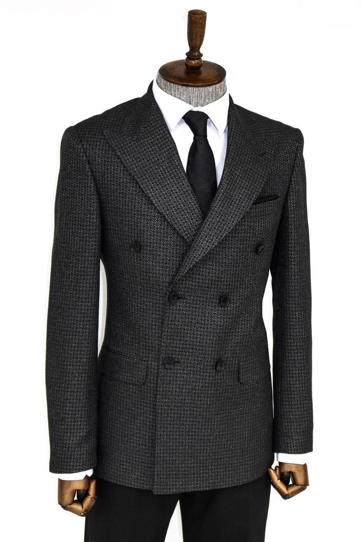 Houndstooth Patterned Grey Men Double Breasted Blazer and Trousers Combination- Wessi