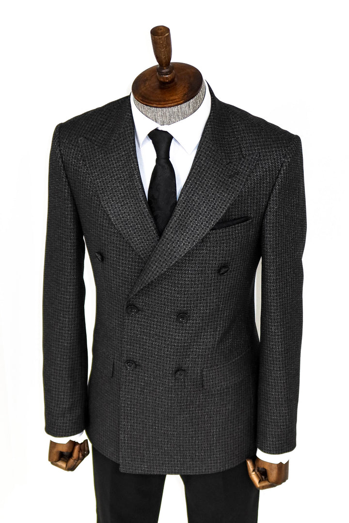 Houndstooth Patterned Grey Men Double Breasted Blazer and Trousers Combination- Wessi