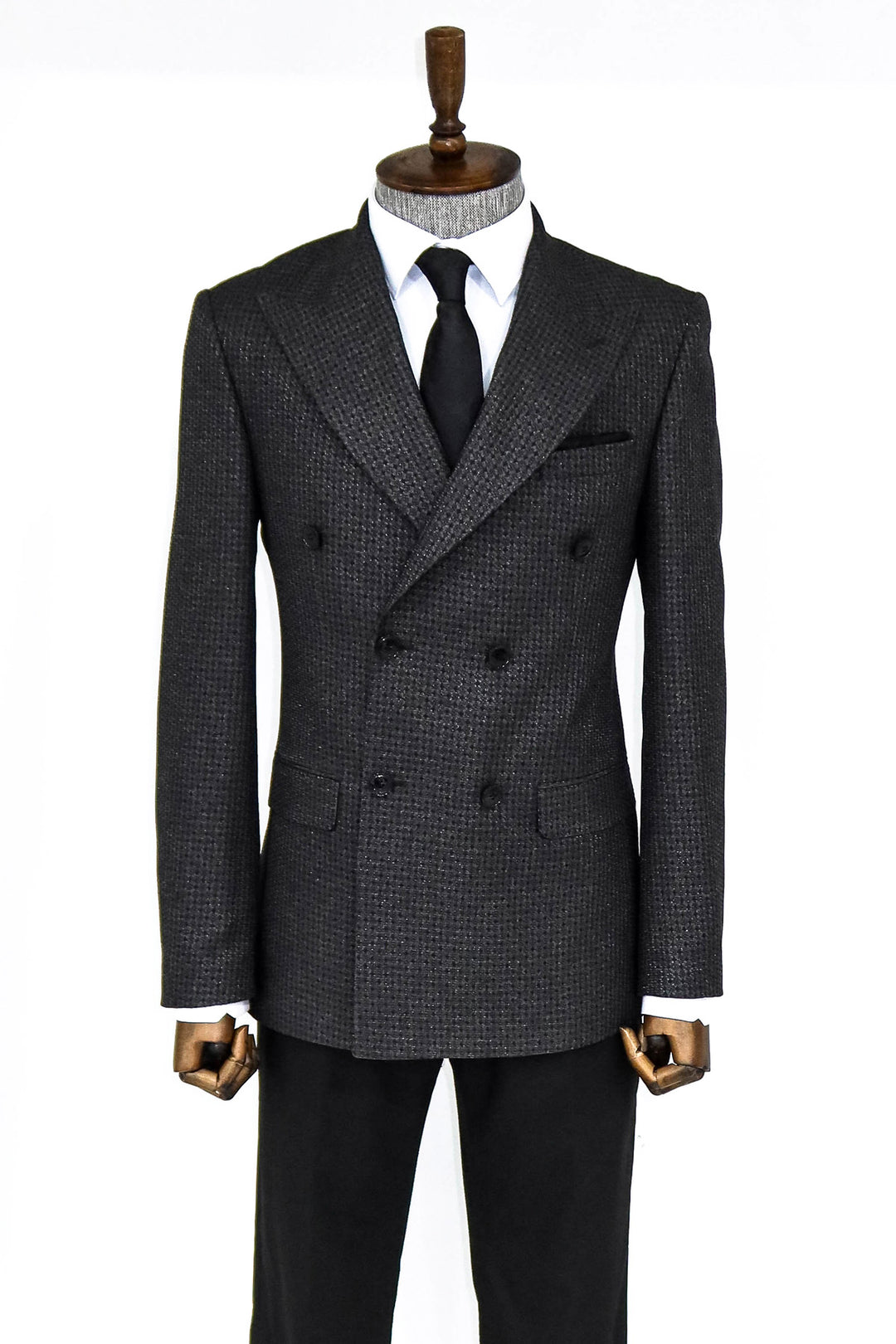 Houndstooth Patterned Grey Men Double Breasted Blazer - Wessi