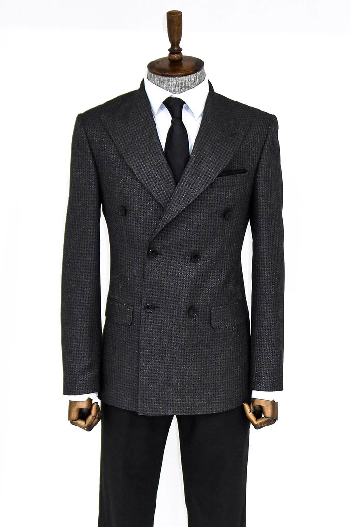 Houndstooth Patterned Grey Men Double Breasted Blazer and Trousers Combination- Wessi