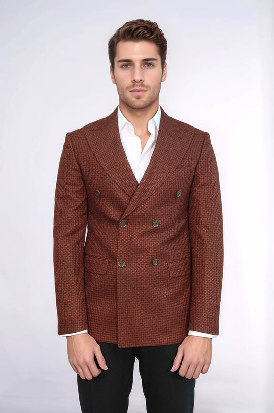 Houndstooth Patterned Brown Men Double Breasted Blazer - Wessi