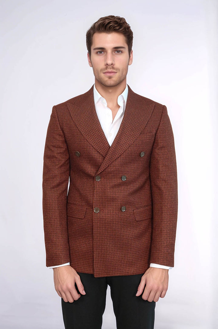Houndstooth Patterned Brown Men Double Breasted Blazer - Wessi