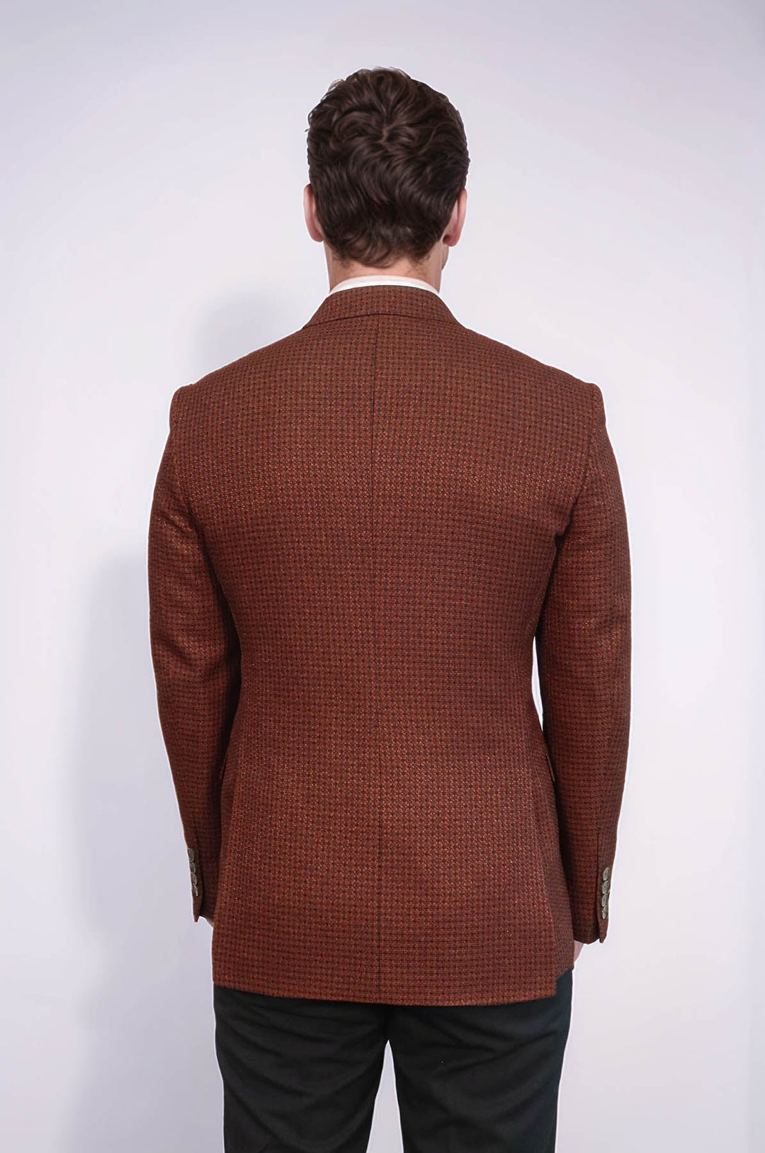 Houndstooth Patterned Brown Men Double Breasted Blazer - Wessi