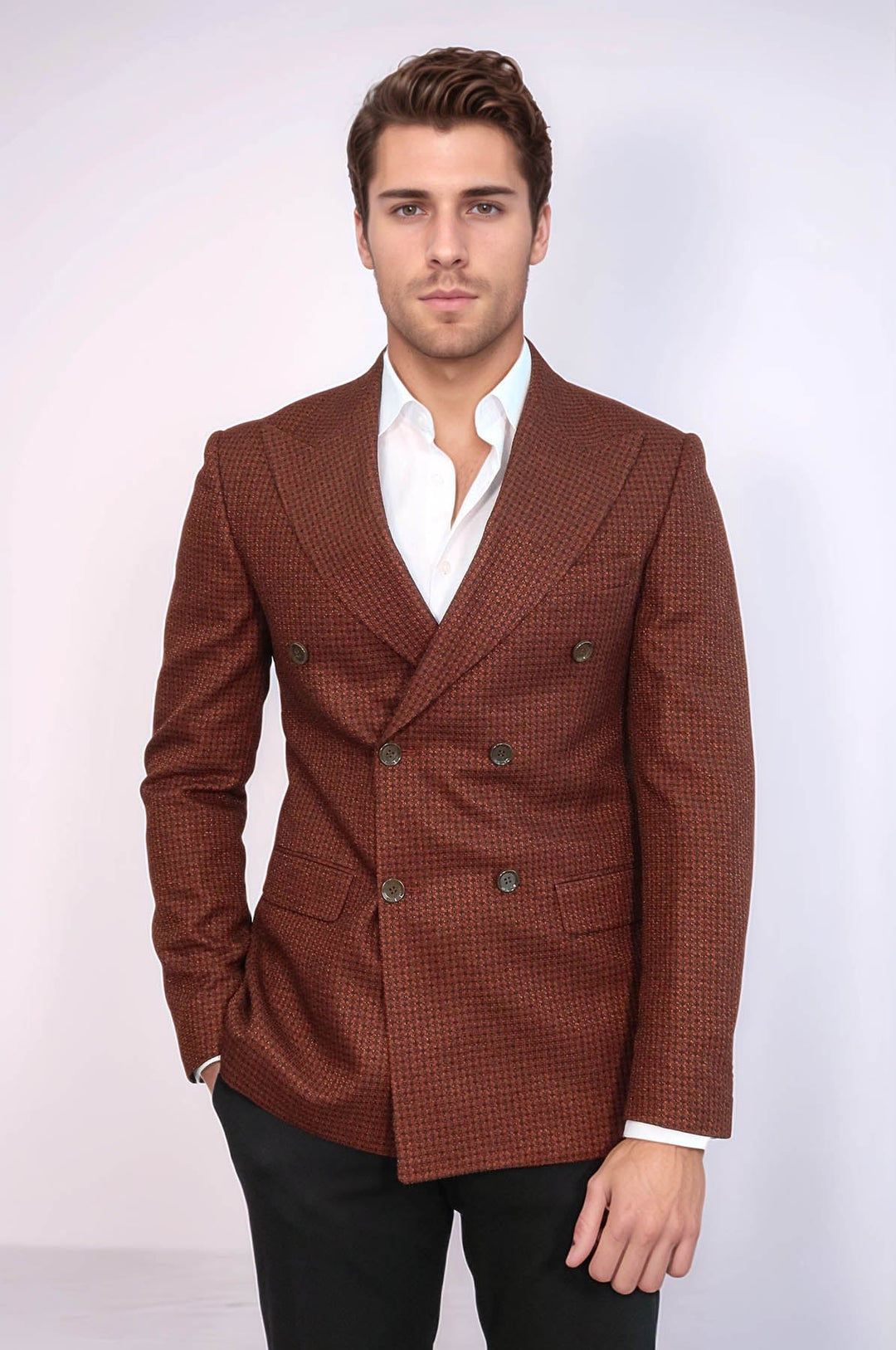 Houndstooth Patterned Brown Men Double Breasted Blazer - Wessi