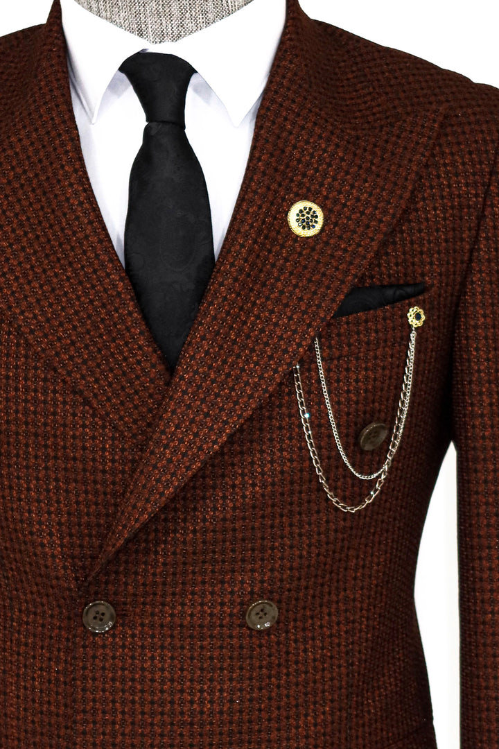 Houndstooth Patterned Brown Men Double Breasted Blazer and Trousers Combination- Wessi