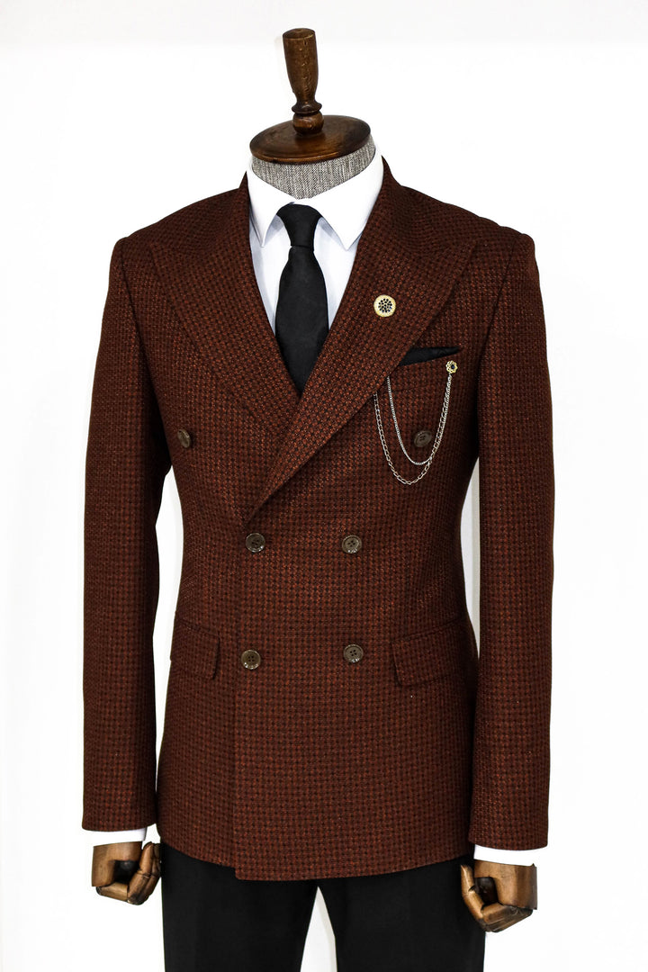 Houndstooth Patterned Brown Men Double Breasted Blazer and Trousers Combination- Wessi