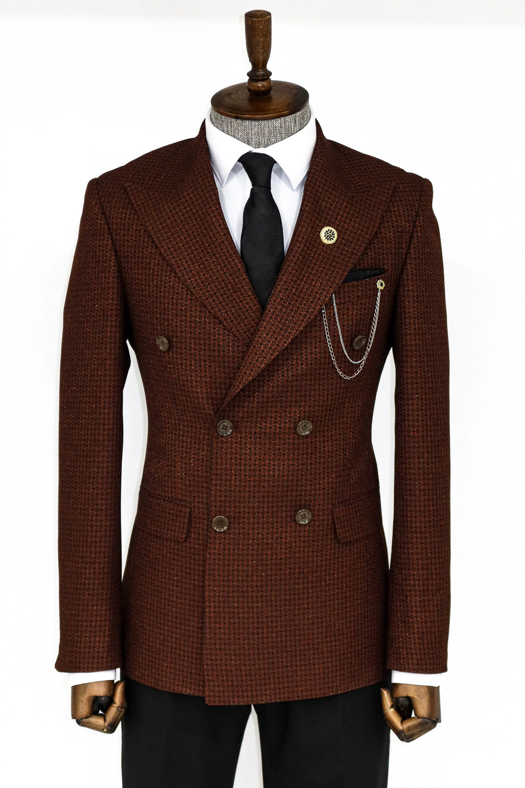 Houndstooth Patterned Brown Men Double Breasted Blazer and Trousers Combination- Wessi