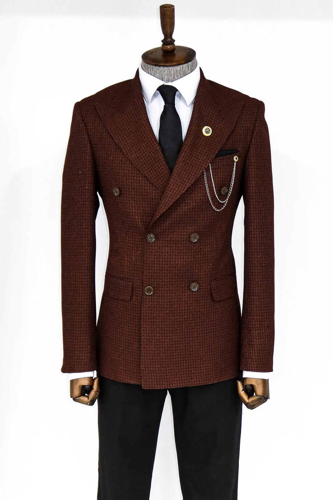 Houndstooth Patterned Brown Men Double Breasted Blazer and Trousers Combination- Wessi