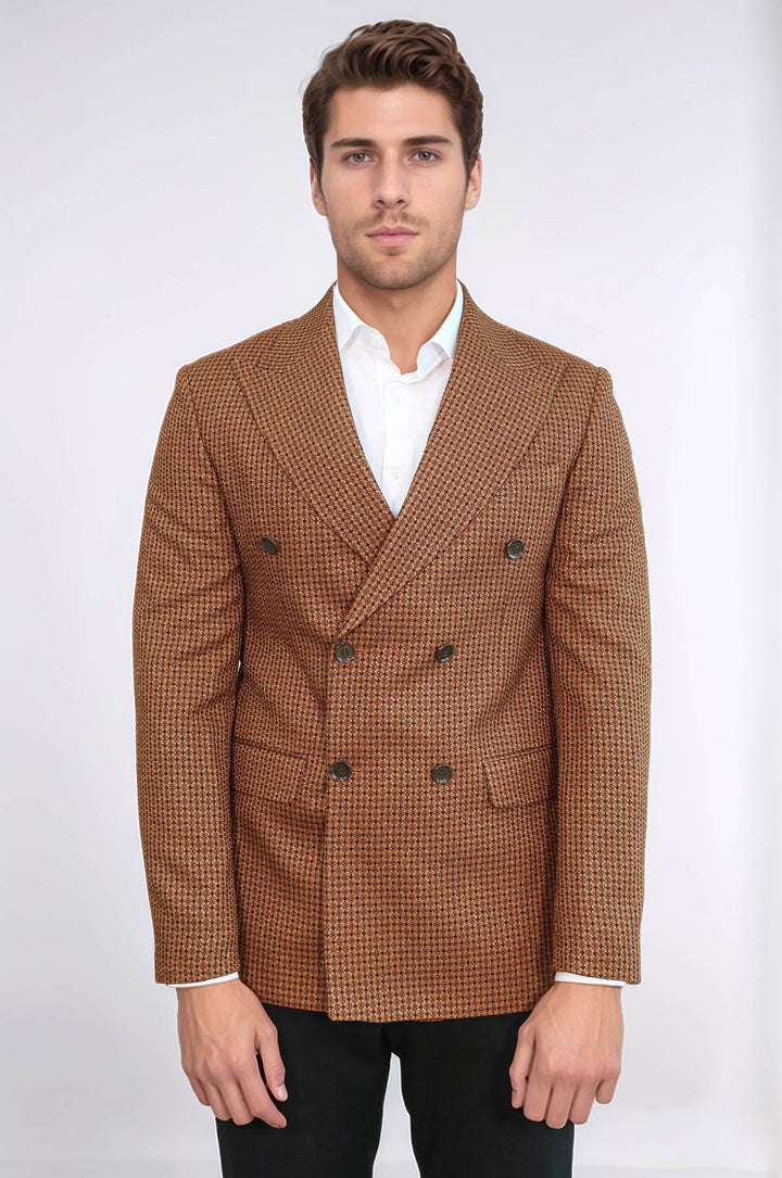 Houndstooth Patterned Tawny Men Double Breasted Blazer - Wessi