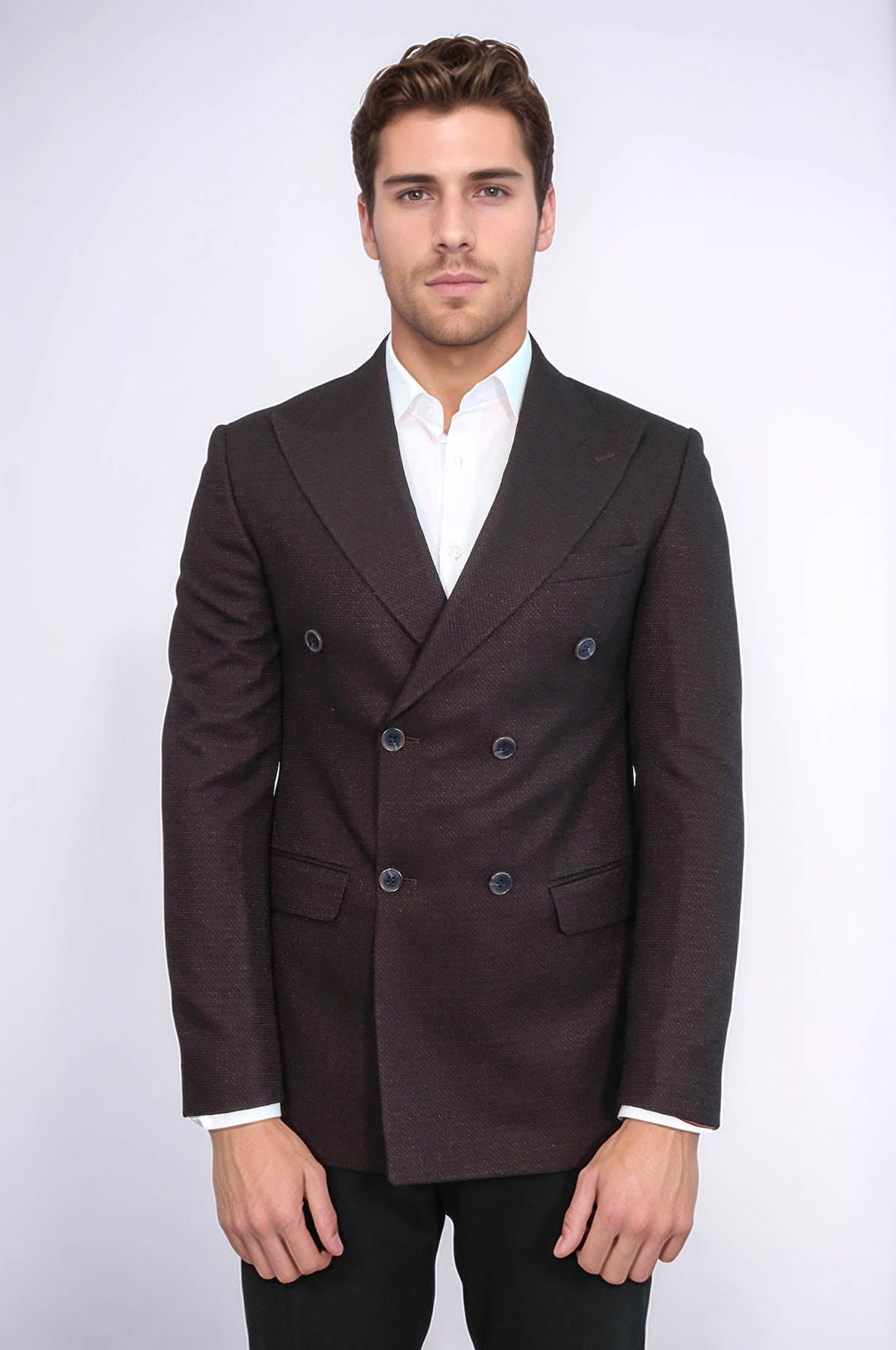 Houndstooth Patterned Burgundy Men Double Breasted Blazer - Wessi