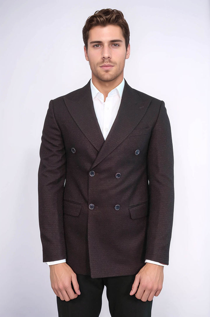 Houndstooth Patterned Burgundy Men Double Breasted Blazer - Wessi