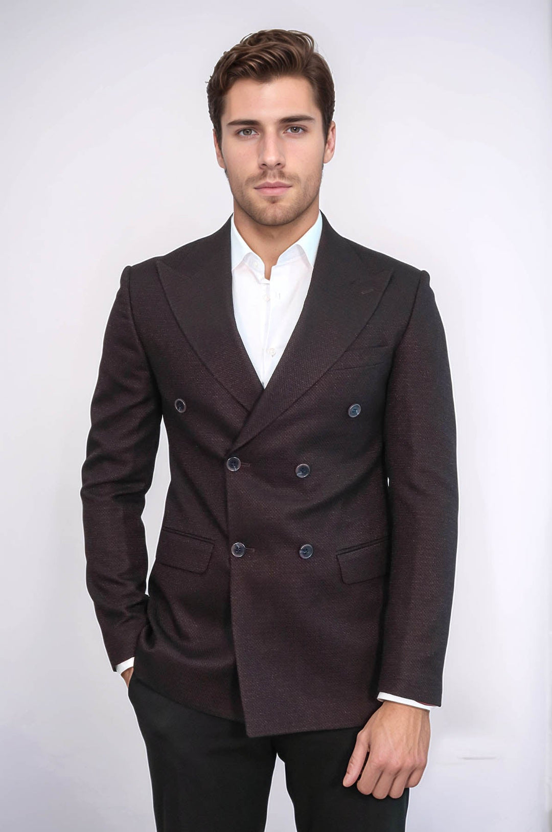 Houndstooth Patterned Burgundy Men Double Breasted Blazer - Wessi