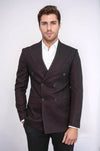 Houndstooth Patterned Burgundy Men Double Breasted Blazer - Wessi