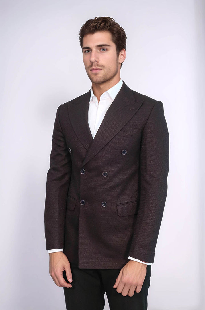 Houndstooth Patterned Burgundy Men Double Breasted Blazer - Wessi