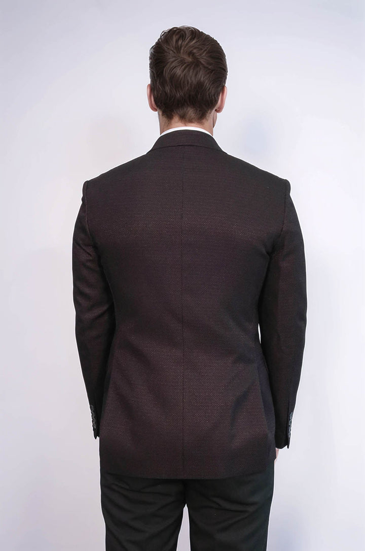 Houndstooth Patterned Burgundy Men Double Breasted Blazer - Wessi