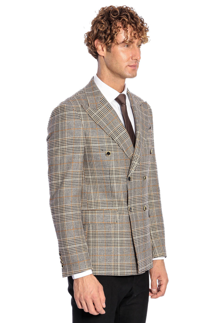 Double Breasted Checked Grey Men Blazer - Wessi
