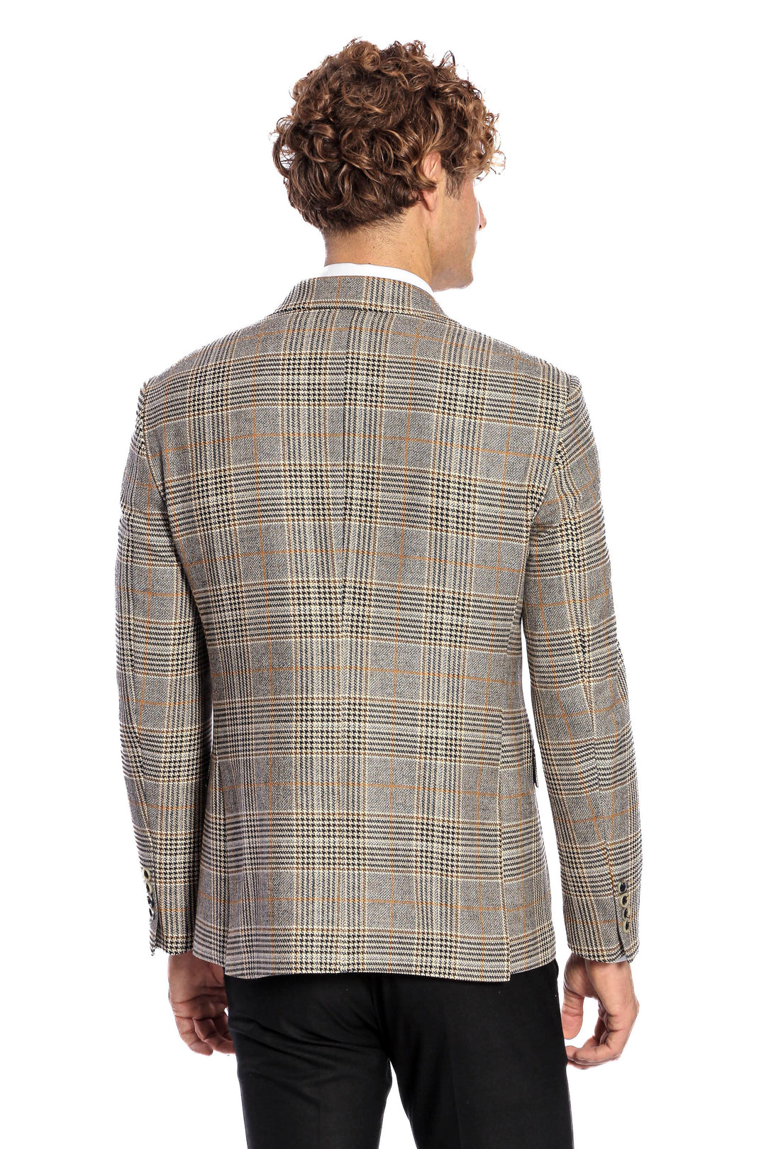 Double Breasted Checked Grey Men Blazer - Wessi
