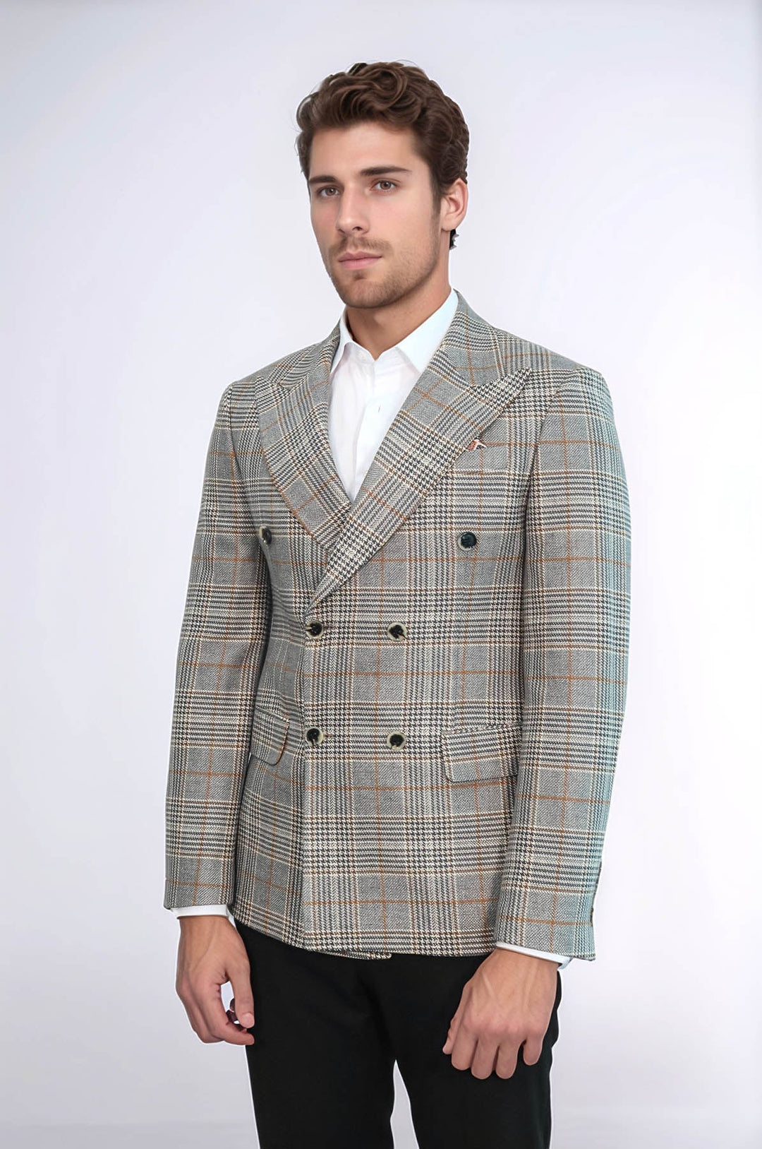 Double Breasted Checked Anthracite Men Blazer - Wessi