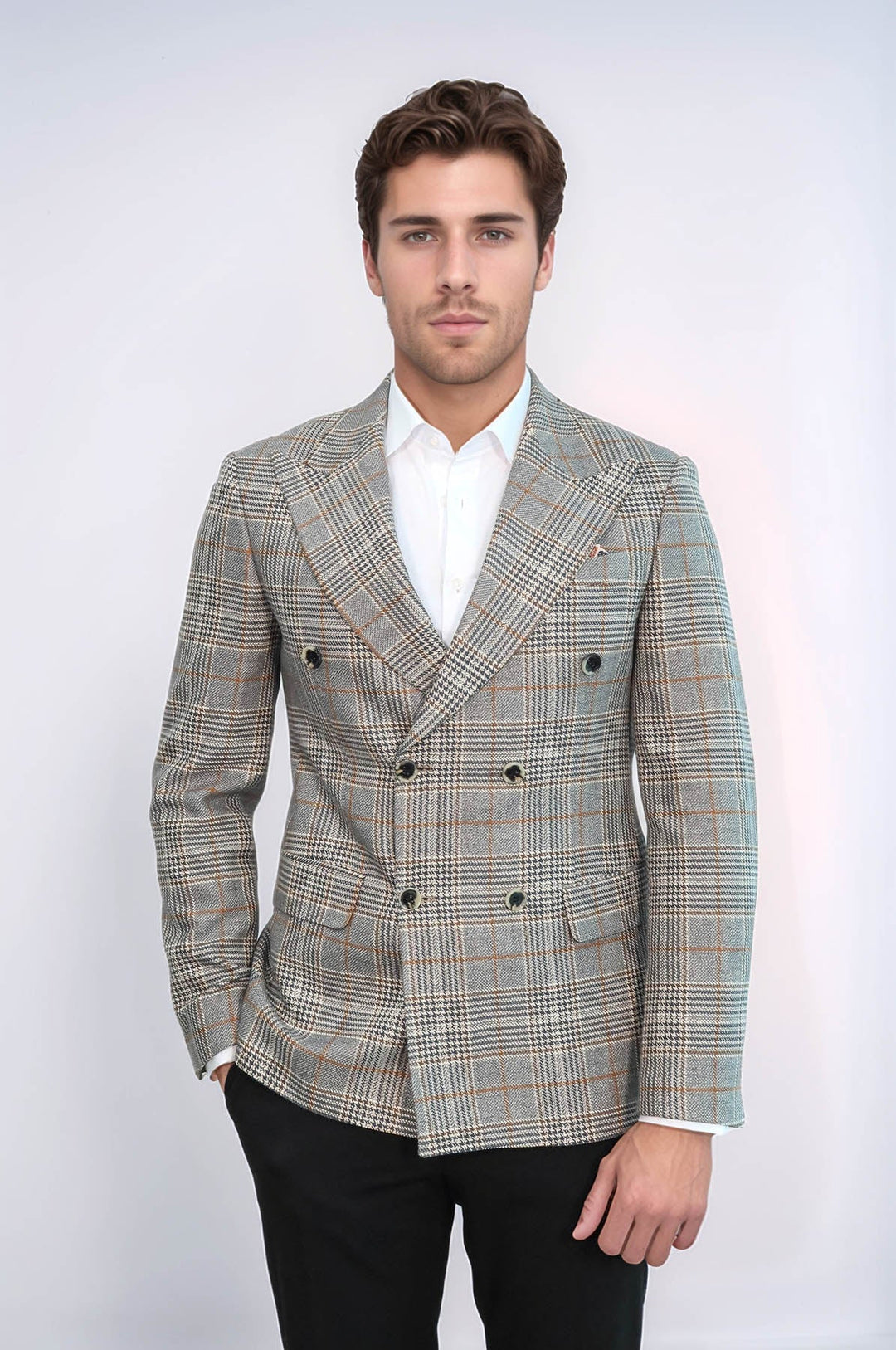 Double Breasted Checked Anthracite Men Blazer - Wessi