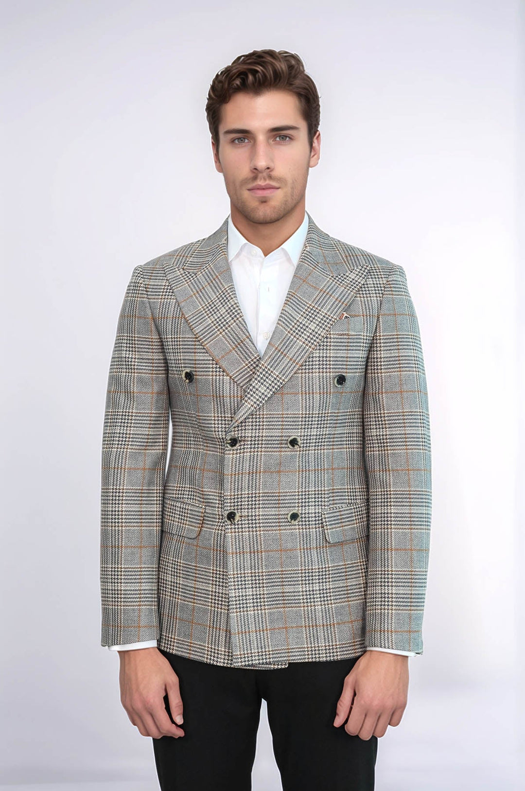 Double Breasted Checked Anthracite Men Blazer - Wessi