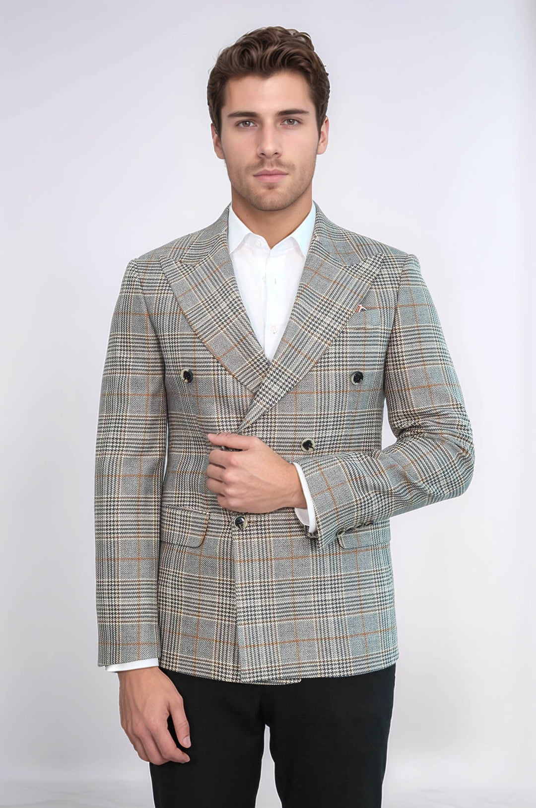 Double Breasted Checked Anthracite Men Blazer - Wessi