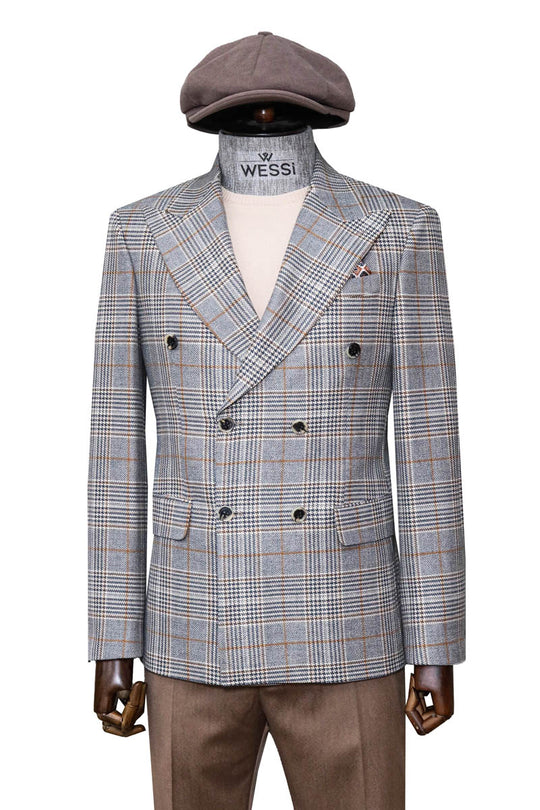 Grey Giacca Doppiopetto a Quadri, Brown Pantaloni, Cream Maglieria, e Look Cappello - Wessi - Stile Moderno Senza Tempo
