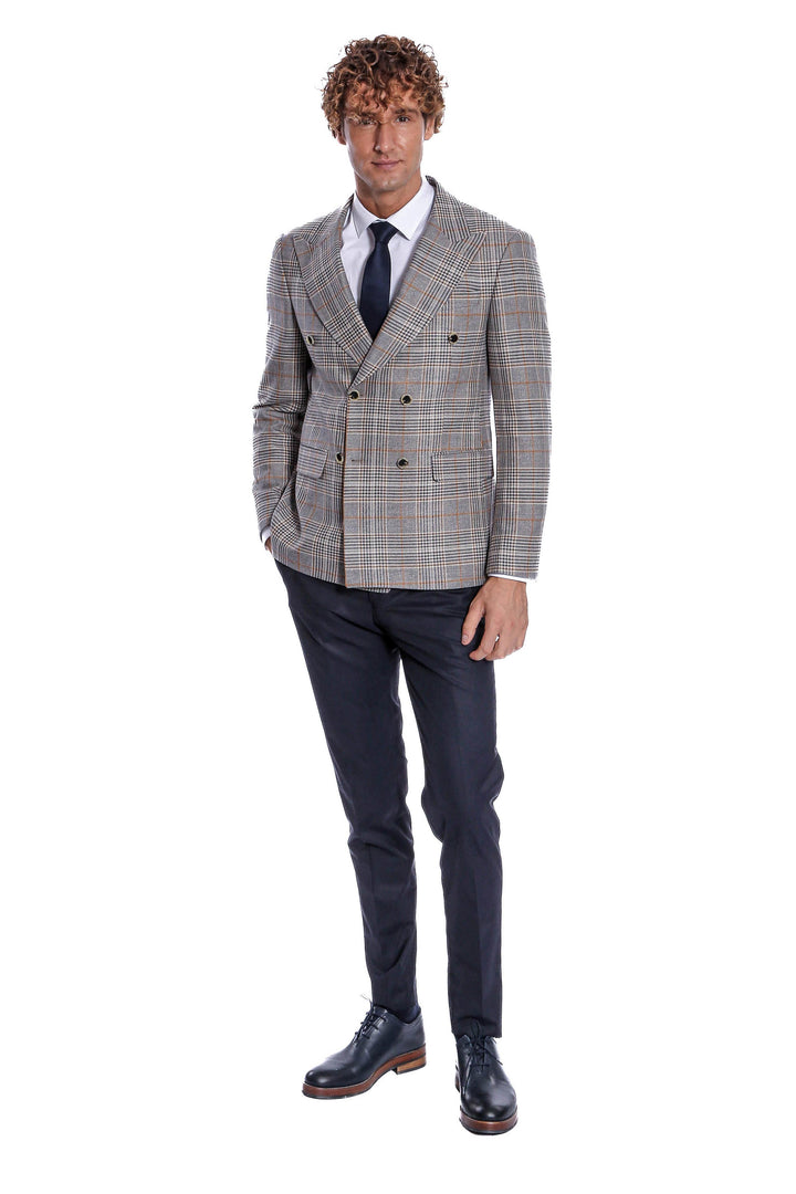 Double Breasted Checked Anthracite Men Blazer - Wessi