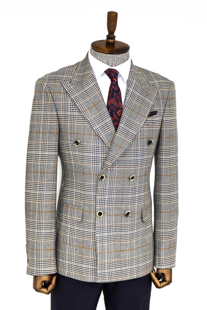 Double Breasted Checked Anthracite Men Blazer - Wessi