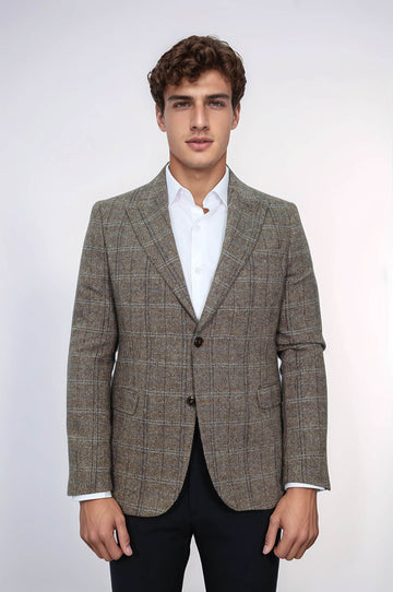 Herringbone Slim Fit Wool Brown Men Blazer - Wessi
