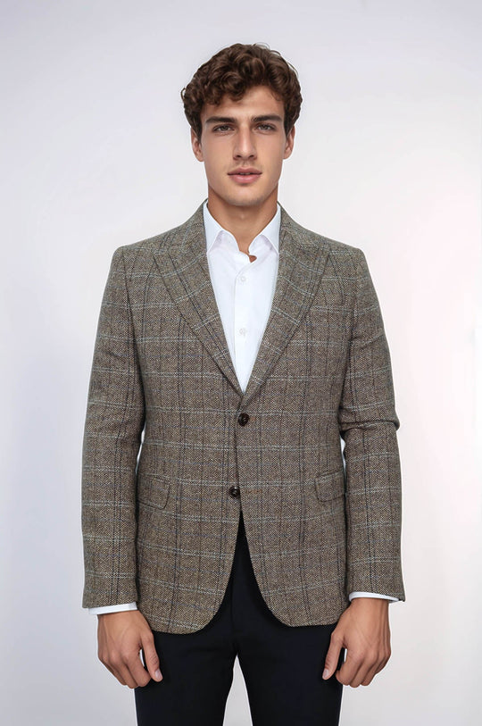 Herringbone Slim Fit Wool Brown Men Blazer - Wessi
