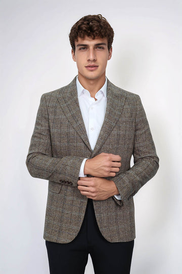 Herringbone Slim Fit Wool Brown Men Blazer - Wessi