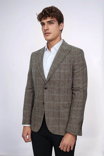 Herringbone Slim Fit Wool Brown Men Blazer - Wessi