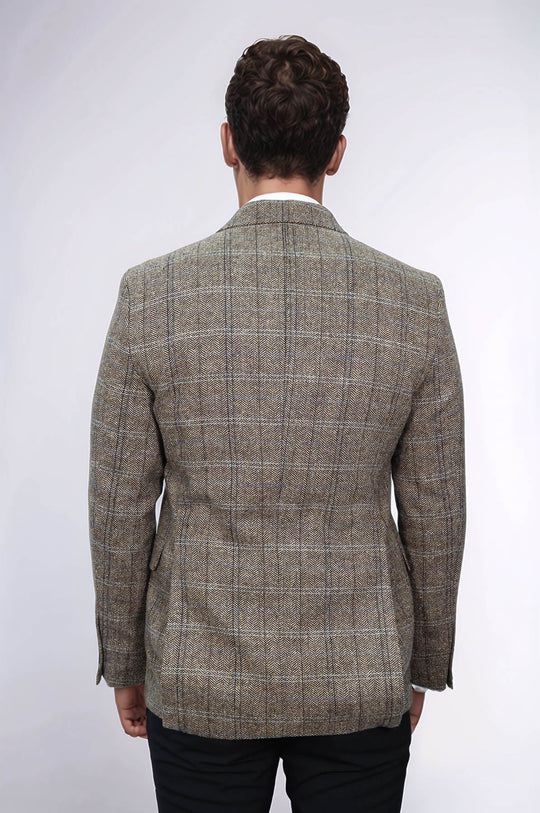 Herringbone Slim Fit Wool Brown Men Blazer - Wessi