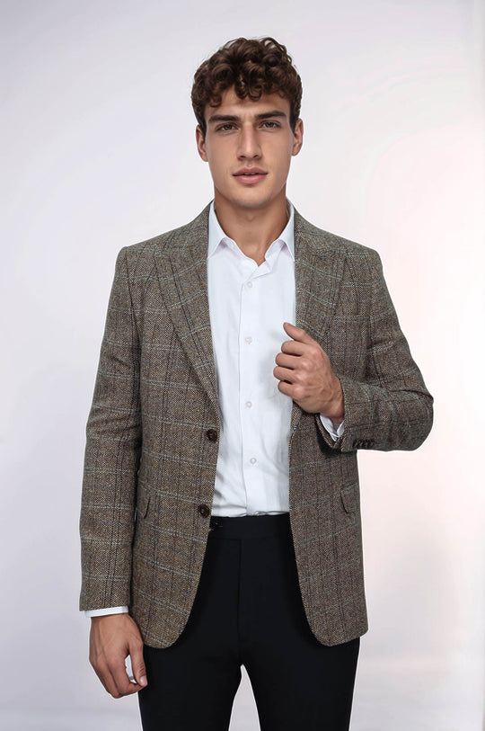 Herringbone Slim Fit Wool Brown Men Blazer - Wessi