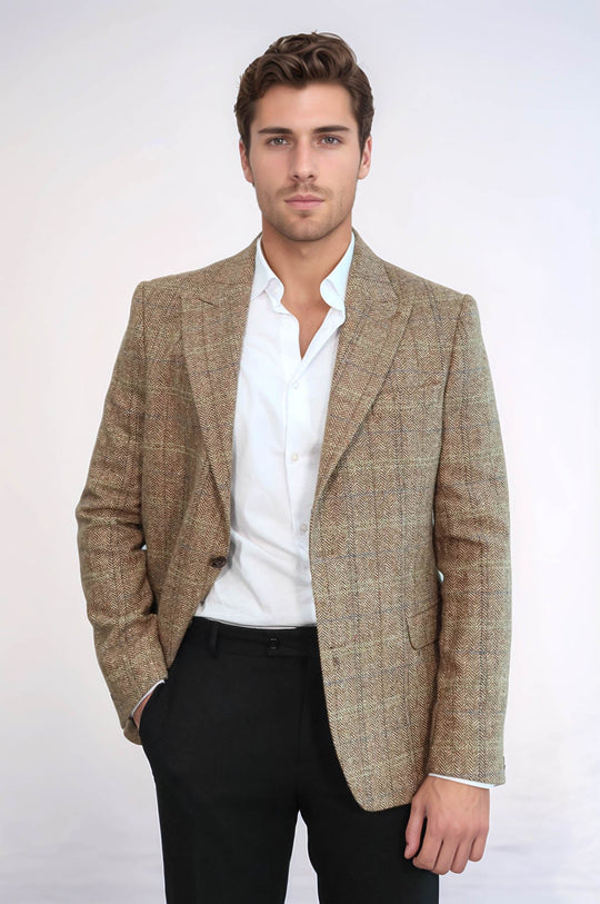 Blazer da uomo slim fit in lana marrone chiaro a spina di pesce - Wessi