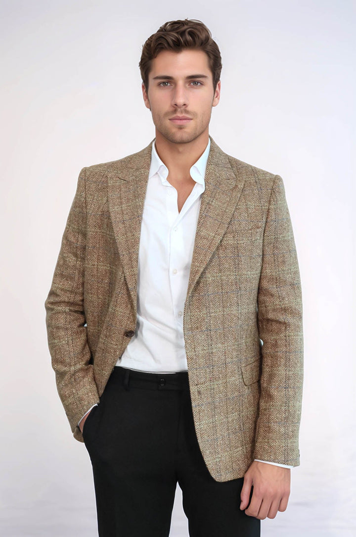 Blazer Hombre Herringbone Slim Fit Lana Marrón - Wessi