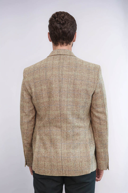 Blazer da uomo slim fit in lana marrone chiaro a spina di pesce - Wessi