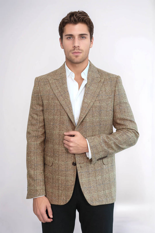 Blazer da uomo slim fit in lana marrone chiaro a spina di pesce - Wessi